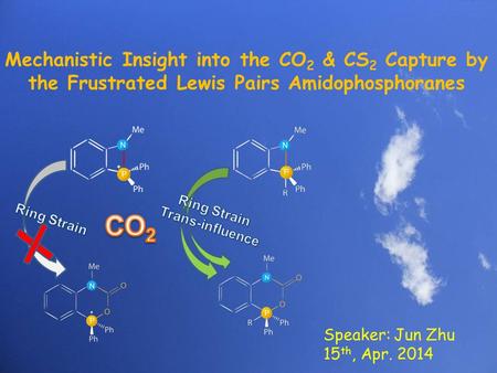 1 Mechanistic Insight into the CO 2 & CS 2 Capture by the Frustrated Lewis Pairs Amidophosphoranes Speaker: Jun Zhu 15 th, Apr. 2014.