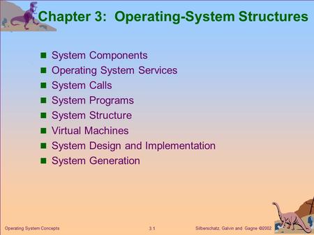 Silberschatz, Galvin and Gagne  2002 3.1 Operating System Concepts Chapter 3: Operating-System Structures System Components Operating System Services.