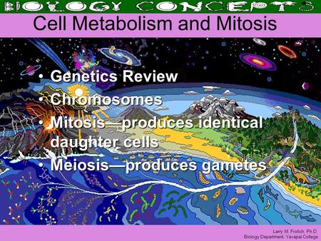 Larry M. Frolich, Ph.D. Biology Department, Yavapai College Cell Metabolism and Mitosis Genetics ReviewGenetics Review ChromosomesChromosomes Mitosis—produces.