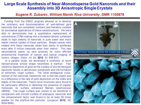 Large Scale Synthesis of Near-Monodisperse Gold Nanorods and their Assembly into 3D Anisotropic Single Crystals Eugene R. Zubarev, William Marsh Rice University,