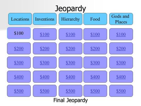 Jeopardy $100 LocationsInventionsHierarchyFood Gods and Places $200 $300 $400 $500 $400 $300 $200 $100 $500 $400 $300 $200 $100 $500 $400 $300 $200 $100.