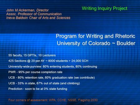John M Ackerman, Director Assoc. Professor of Communication Ineva Baldwin Chair of Arts and Sciences Program for Writing and Rhetoric University of Colorado.