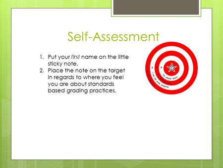 Self-Assessment 1.Put your first name on the little sticky note. 2.Place the note on the target in regards to where you feel you are about standards based.