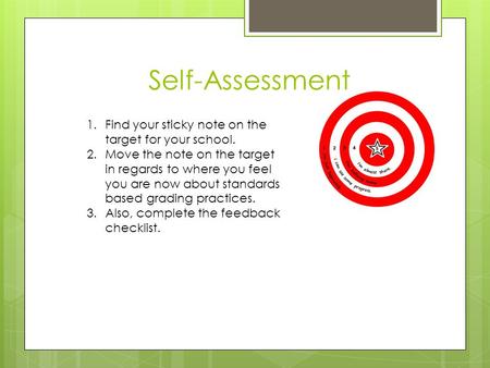 Self-Assessment 1.Find your sticky note on the target for your school. 2.Move the note on the target in regards to where you feel you are now about standards.