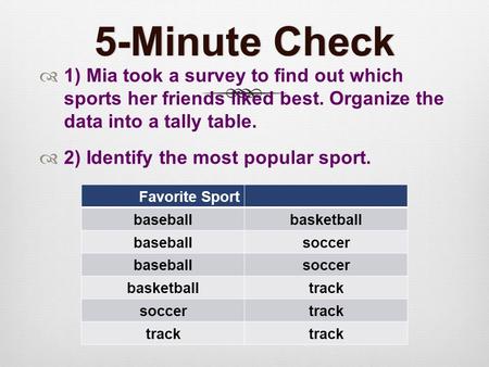  1) Mia took a survey to find out which sports her friends liked best. Organize the data into a tally table.  2) Identify the most popular sport. 5-Minute.