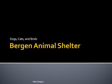 Dogs, Cats, and Birds Nick Gregory.  Adoption  Rescue  Public Health  Wildlife We are a county- operated shelter providing animal control. Nick Gregory.