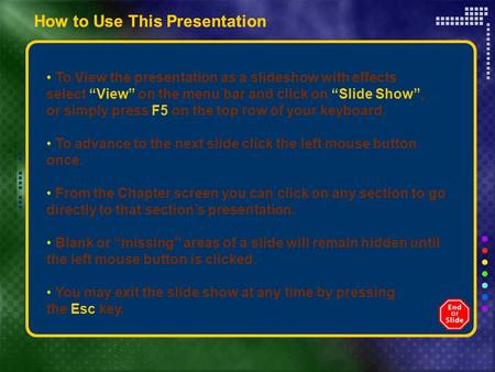 How to Use This Presentation To View the presentation as a slideshow with effects select “View” on the menu bar and click on “Slide Show”, or simply press.