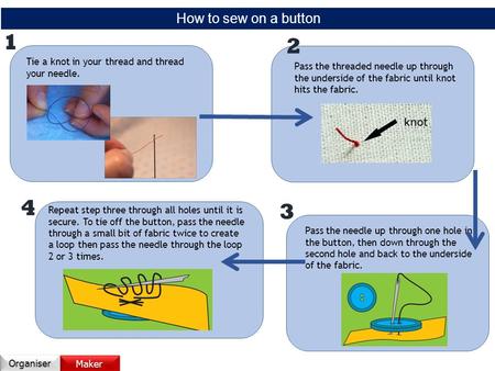 How to sew on a button 1 2 Tie a knot in your thread and thread your needle. Pass the threaded needle up through the underside of the fabric until knot.