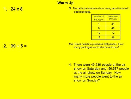 Warm Up 3. The table below shows how many pencils come in each package. Mrs. Davis needs to purchase 150 pencils. How many packages would she have to buy?