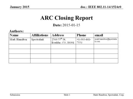 January 2015doc.: IEEE 802.11-14/1524r0 SubmissionMark Hamilton, Spectralink, Corp.Slide 1 ARC Closing Report Date: 2015-01-15 Authors: