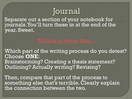 Separate out a section of your notebook for journals. You’ll turn these in at the end of the year. Sweet. Writing is worse than... Which part of the writing.