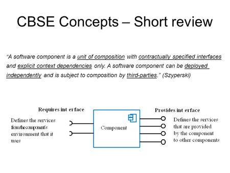 CBSE Concepts – Short review “A software component is a unit of composition with contractually specified interfaces and explicit context dependencies only.