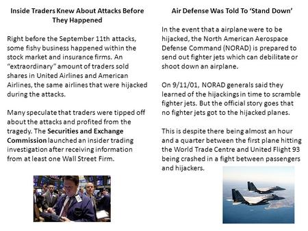 Inside Traders Knew About Attacks Before They Happened Right before the September 11th attacks, some fishy business happened within the stock market and.