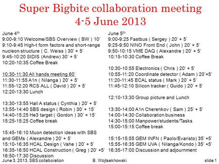 Super Bigbite collaboration meeting 4-5 June 2013 slide 1 June 4 th 9:00-9:10 Welcome/SBS Overview ( BW ) 10’ 9:10-9:45 High-t form factors and short-range.