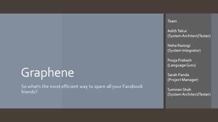 Graphene So what’s the most efficient way to spam all your Facebook friends? Team Adith Tekur (System Architect/Tester) Neha Rastogi (System Integrator)