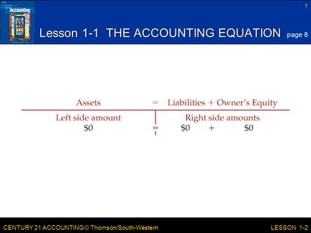 CENTURY 21 ACCOUNTING © Thomson/South-Western 1 LESSON 1-2 Lesson 1-1 THE ACCOUNTING EQUATION page 8.