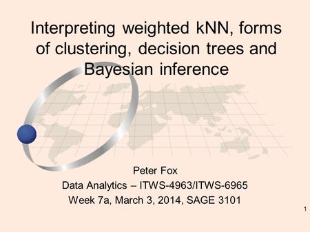 1 Peter Fox Data Analytics – ITWS-4963/ITWS-6965 Week 7a, March 3, 2014, SAGE 3101 Interpreting weighted kNN, forms of clustering, decision trees and Bayesian.