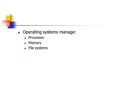 Operating systems manage: Processes Memory File systems.