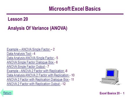 Return Excel Basics 20 - 1 Microsoft Excel Basics Example – ANOVA Single Factor Example – ANOVA Single Factor – 2 Data Analysis Tool - 4 Data Analysis.