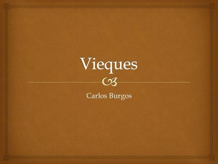 Carlos Burgos.   Small Island  7 Miles off coast of Puerto Rico  21 x 4 Miles  Population= 10,000 Vieques, Puerto Rico.