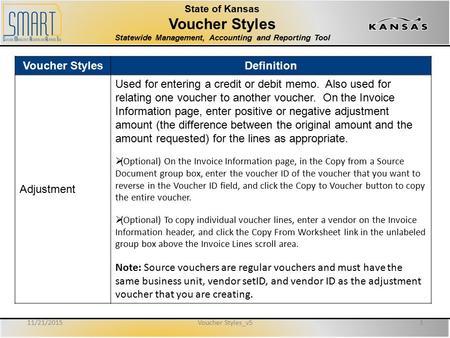 State of Kansas Voucher Styles Statewide Management, Accounting and Reporting Tool Voucher StylesDefinition Adjustment Used for entering a credit or debit.