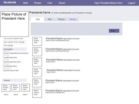 Facebook Presidents Name is (write something that your President is doing) WallPhotosFlairBoxesType President Name HereLogout View photos of (president.