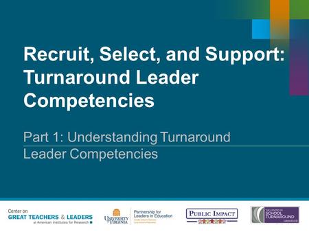 Recruit, Select, and Support: Turnaround Leader Competencies Copyright © 20XX American Institutes for Research. All rights reserved. Part 1: Understanding.