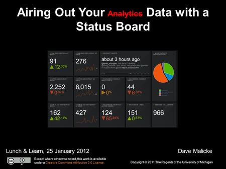 Airing Out Your Analytics Data with a Status Board Lunch & Learn, 25 January 2012Dave Malicke Copyright © 2011 The Regents of the University of Michigan.