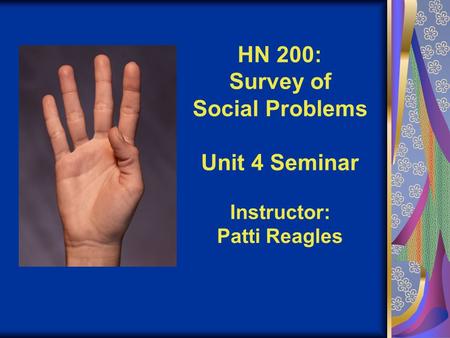 HN 200: Survey of Social Problems Unit 4 Seminar Instructor: Patti Reagles.