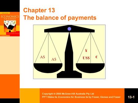 Copyright  2005 McGraw-Hill Australia Pty Ltd PPT Slides t/a Economics for Business 3e by Fraser, Gionea and Fraser 13-1 Chapter 13 The balance of payments.