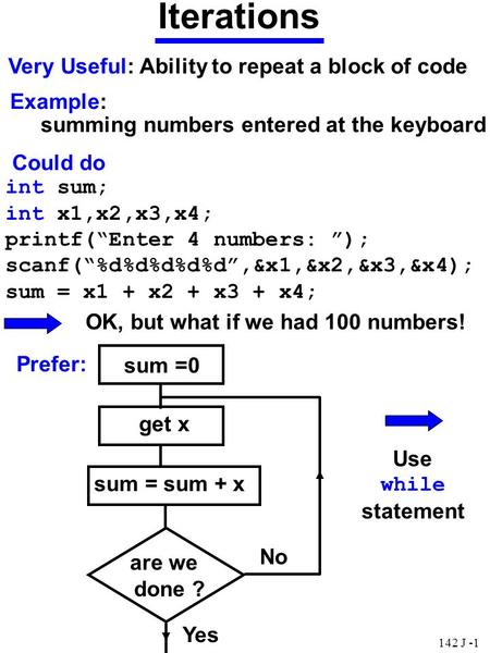 Iterations Very Useful: Ability to repeat a block of code Example: