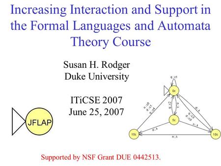 Increasing Interaction and Support in the Formal Languages and Automata Theory Course Susan H. Rodger Duke University ITiCSE 2007 June 25, 2007 Supported.