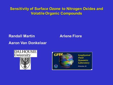 Sensitivity of Surface Ozone to Nitrogen Oxides and Volatile Organic Compounds Arlene FioreRandall Martin Aaron Van Donkelaar.