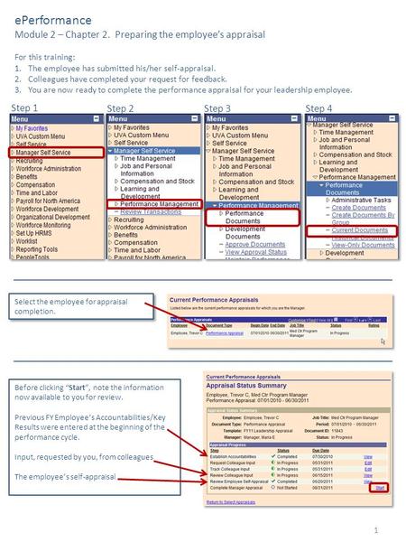 EPerformance Module 2 – Chapter 2. Preparing the employee’s appraisal For this training: 1.The employee has submitted his/her self-appraisal. 2.Colleagues.