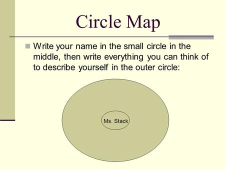 Circle Map Write your name in the small circle in the middle, then write everything you can think of to describe yourself in the outer circle: Ms. Stack.