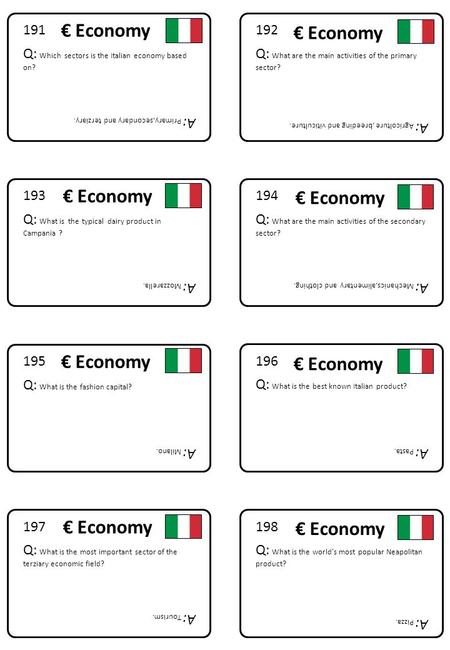 198 Q: What is the world’s most popular Neapolitan product? A: Pizza. 197 Q: What is the most important sector of the terziary economic field? A: Tourism.