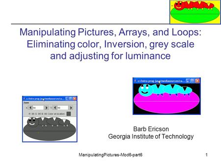 ManipulatingPictures-Mod6-part61 Manipulating Pictures, Arrays, and Loops: Eliminating color, Inversion, grey scale and adjusting for luminance Barb Ericson.