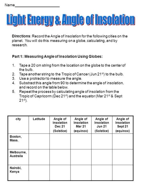 Directions: Record the Angle of Insolation for the following cities on the planet. You will do this measuring on a globe, calculating, and by research.