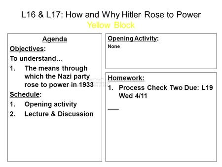 L16 & L17: How and Why Hitler Rose to Power Yellow Block Agenda Objectives: To understand… 1.The means through which the Nazi party rose to power in 1933.