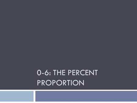 0-6: THE PERCENT PROPORTION. 0-6: The Percent Proportion  Percent: A ratio that compares numbers to 100.  To write a percent as a fraction:  Write.