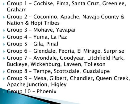  Group 1 – Cochise, Pima, Santa Cruz, Greenlee, Graham  Group 2 – Coconino, Apache, Navajo County & Nation & Hopi Tribes  Group 3 – Mohave, Yavapai.