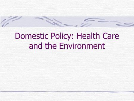 Domestic Policy: Health Care and the Environment.