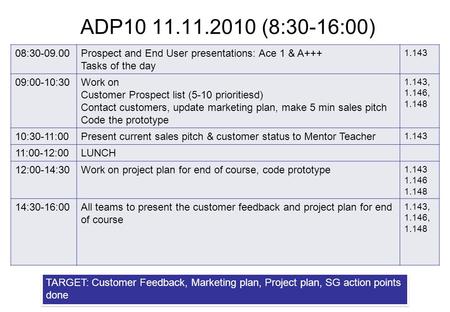 ADP10 11.11.2010 (8:30-16:00) 08:30-09.00Prospect and End User presentations: Ace 1 & A+++ Tasks of the day 1.143 09:00-10:30Work on Customer Prospect.