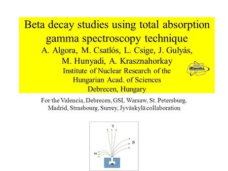 Beta decay studies using total absorption gamma spectroscopy technique A. Algora, M. Csatlós, L. Csige, J. Gulyás, M. Hunyadi, A. Krasznahorkay Institute.