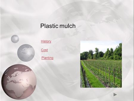 Plastic mulch History Cost Planting Plastic mulch is a product used, in a similar fashion to mulch, to suppress weeds and conserve water in crop production.