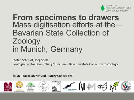 From specimens to drawers Stefan Schmidt, Jörg Spela Zoologische Staatssammlung München – Bavarian State Collection of Zoology Mass digitisation efforts.