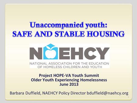 Project HOPE-VA Youth Summit Older Youth Experiencing Homelessness June 2013 Barbara Duffield, NAEHCY Policy Director 1.