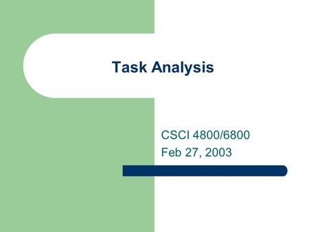 Task Analysis CSCI 4800/6800 Feb 27, 2003. Goals of task analysis Elicit descriptions of what people do Represent those descriptions Predict difficulties,