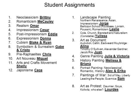 Student Assignments 1.Neoclassicism Brittny 2.Romanticism MeCauley 3.Realism Omar 4.Impressionism Cesar 5.Post-Impressionism Eddie 6.Expressionism Donna.