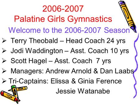 2006-2007 Palatine Girls Gymnastics Welcome to the 2006-2007 Season  Terry Theobald – Head Coach 24 yrs  Jodi Waddington – Asst. Coach 10 yrs  Scott.